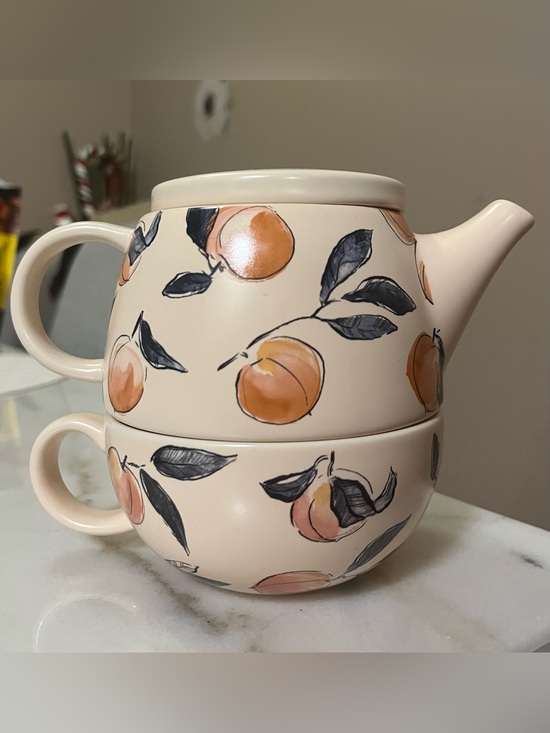 Indigo Other - Peach patterned teapot and teacup